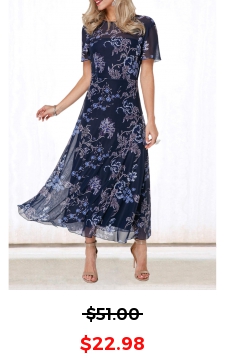 V Back Flower Print Round Neck Dress