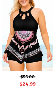 Plus Size Tribal Print Bib Neck Swimdress and Shorts