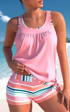 Bowknot Multi Stripe Print Pink Tankini Top