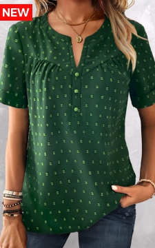 Green Button Short Sleeve Split Neck Blouse