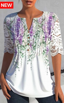 White Lace Floral Print Half Sleeve Blouse