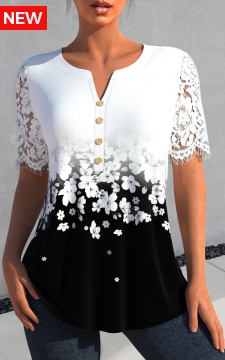 White Lace Floral Print Short Sleeve Blouse
