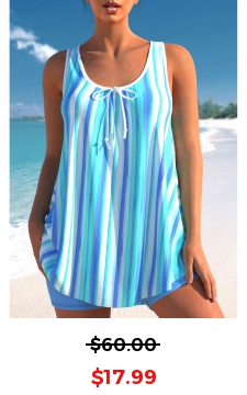 Wide Strap Sky Blue Striped Tankini Set