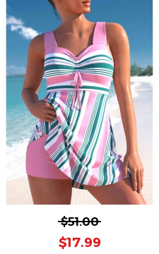 Stripe Print Pink Cross Strap Swimdress and Shorts