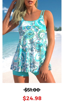 Tribal Print Wide Strap Cyan Tankini Set