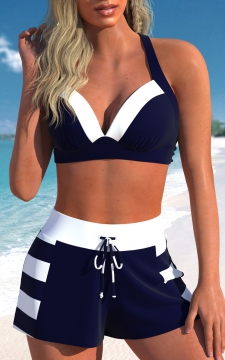 Patchwork High Waisted Striped Navy Bikini Set