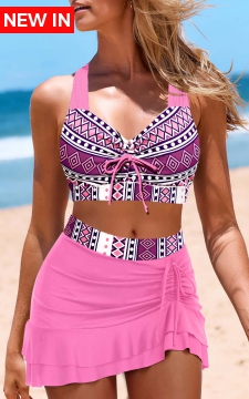 Drawstring Mid Waisted Geometric Print Pink Bikini Set