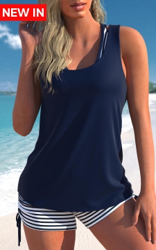 Three-Piece Mid Waisted Striped Navy Tankini Set