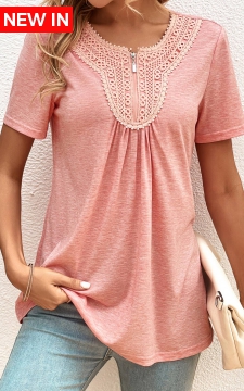 Pink Zipper Short Sleeve Round Neck T Shirt