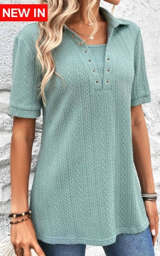Mint Green Eyelet Short Sleeve Shirt Collar Blouse