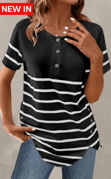 Black Button Striped Short Sleeve T Shirt
