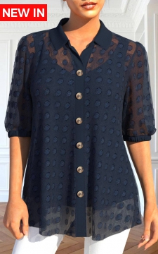 Navy Button Half Sleeve Shirt Collar Blouse
