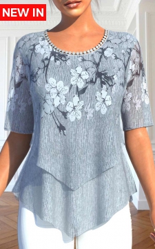 Grey Layered Floral Print Half Sleeve Blouse