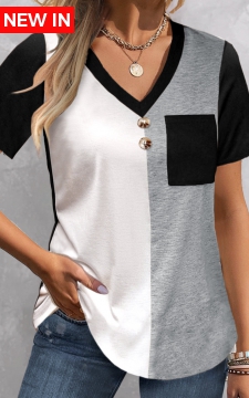 Black Patchwork Short Sleeve V Neck T Shirt