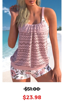 Floral Print Light Pink Lace Patchwork Tankini Set