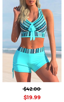 Tribal Print Striped Cyan Mid Waist Bikini Set