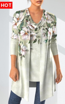 Sage Green Floral Print Long Sleeve Cardigan and Tank Top