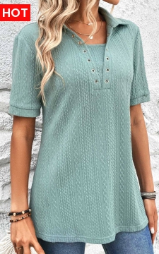 Mint Green Eyelet Short Sleeve Shirt Collar Blouse