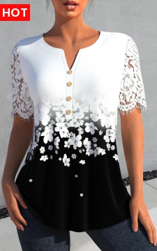 White Lace Floral Print Short Sleeve Blouse