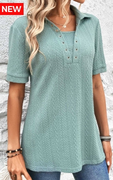Mint Green Eyelet Short Sleeve Shirt Collar Blouse