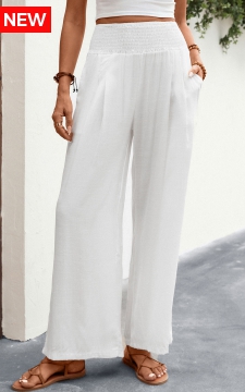White Smocked Elastic Waist High Waisted Pants