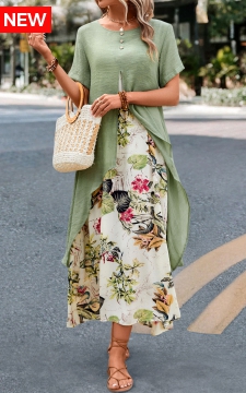 Sage Green Fake 2in1 Leaf Print Dress