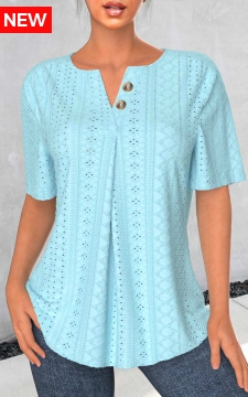 Light Blue Button Short Sleeve Split Neck Blouse