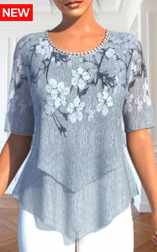 Grey Layered Floral Print Half Sleeve Blouse