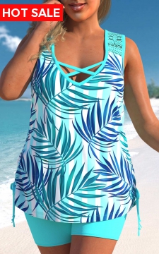 Plus Size Tropical Print Lace Stitching Cyan Tankini Set
