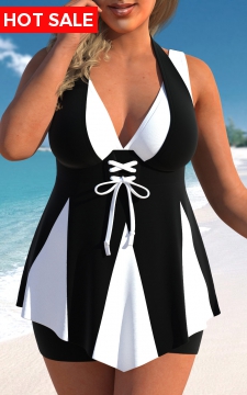 Plus Size Lace Up Black Swimdress Top