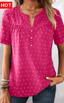 Hot Pink Button Short Sleeve Split Neck Blouse