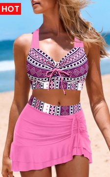 Drawstring Mid Waisted Geometric Print Pink Bikini Set