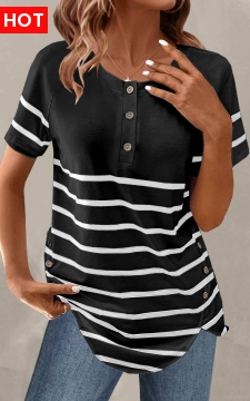 Black Button Striped Short Sleeve T Shirt