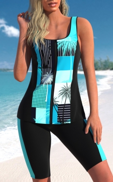 Zipper Tropical Plants Print Cyan Tankini Top