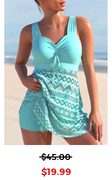 Lace Stitching Cross Strap Cyan Swimdress and Shorts