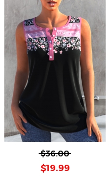 Black Floral Print Split Neck Tank Top