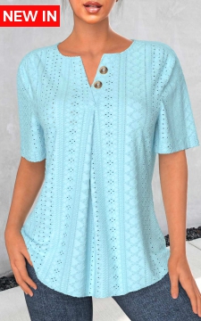 Light Blue Button Short Sleeve Split Neck Blouse