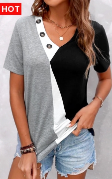 Grey Button Short Sleeve V Neck T Shirt