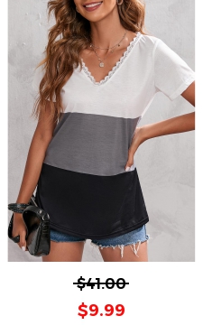 V Neck Color Block Lace Patchwork T Shirt