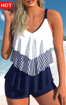 Handkerchief Hem Navy Contrast Tankini Top