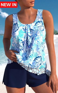 Bowknot High Waisted Floral Print Blue Tankini Set