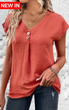 Coral Button Short Sleeve V Neck Blouse