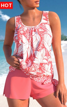 Bowknot Mid Waisted Floral Print Coral Tankini Set