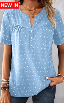 Sky Blue Button Short Sleeve Split Neck Blouse