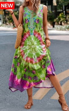 Green Handkerchief Hem Tie Dye Print Dress