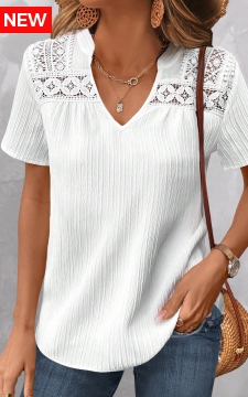 White Lace Short Sleeve Split Neck Blouse
