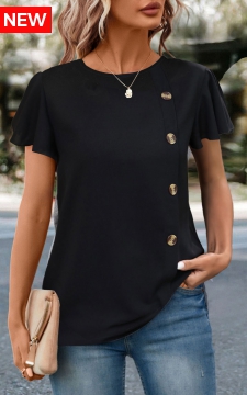 Black Button Short Sleeve Round Neck T Shirt