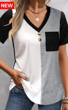 Black Patchwork Short Sleeve V Neck T Shirt