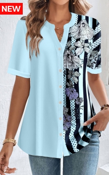 Light Blue Button Striped Short Sleeve Blouse