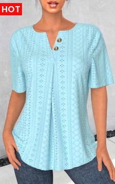 Light Blue Button Short Sleeve Split Neck Blouse